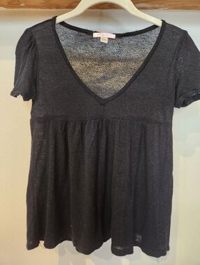 Lux Ultra Sheer Knit Fabric Black V-Neck Short Sleeve Tunic Top